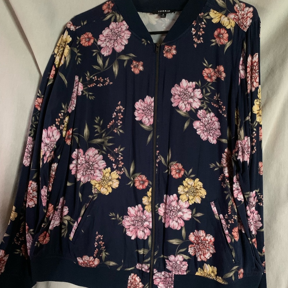 Torrid- Navy Floral Twill Bomber Jacket